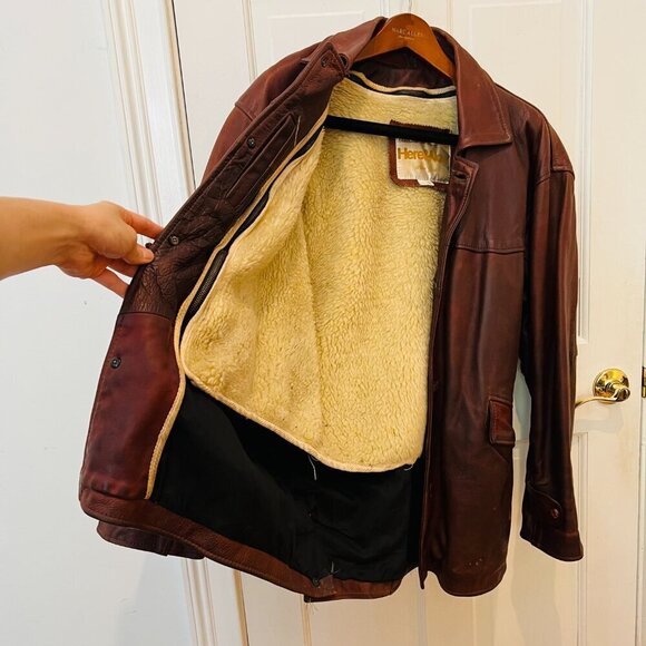 Vintage Here & Now NYC Outerwear Cognac Brown Heavy Weight Leather Jacket Coat - Picture 7 of 16
